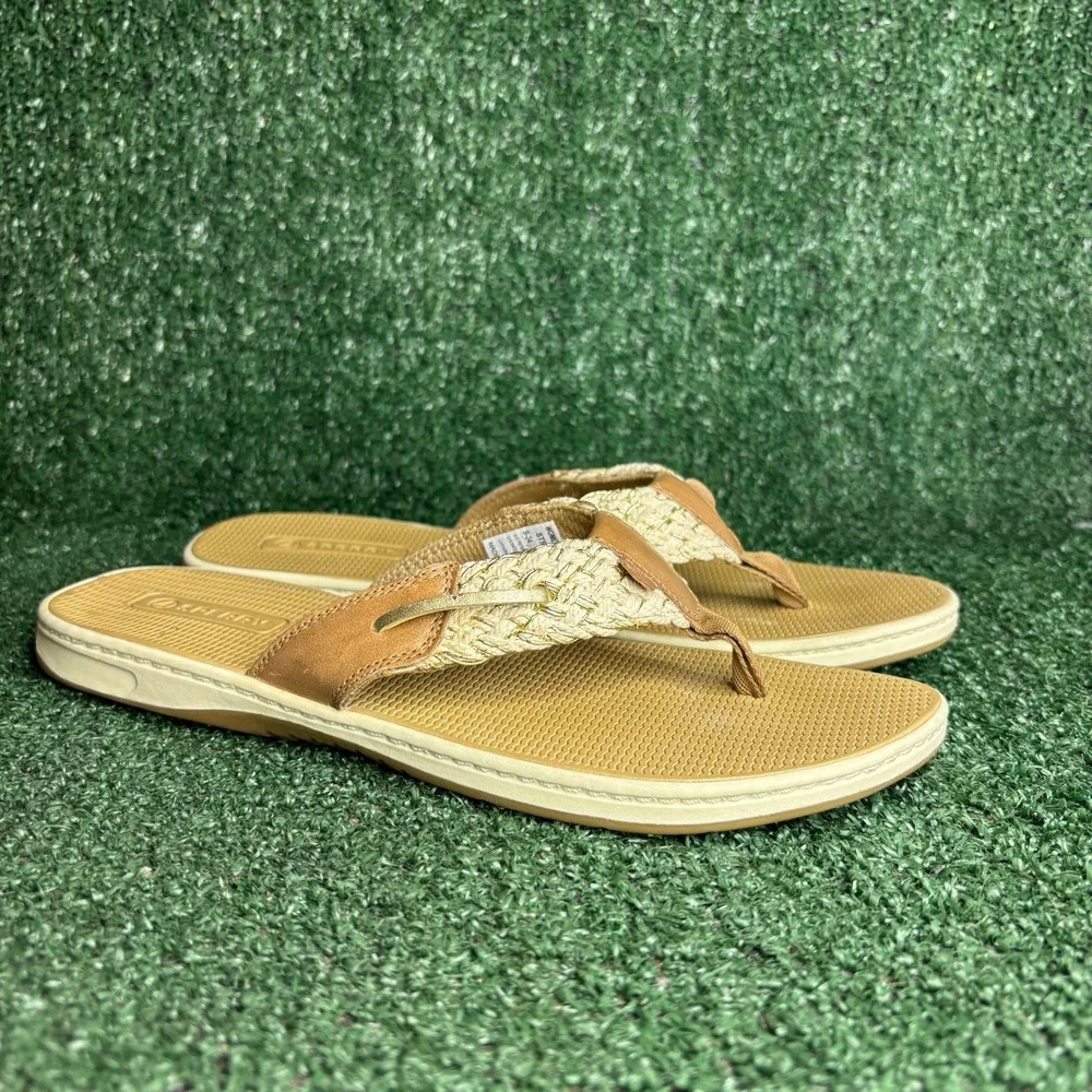 NEW Sperry‎ Parrotfish Braided Thong Leather Beach Flip Flop Tan Gold Womens 9 M